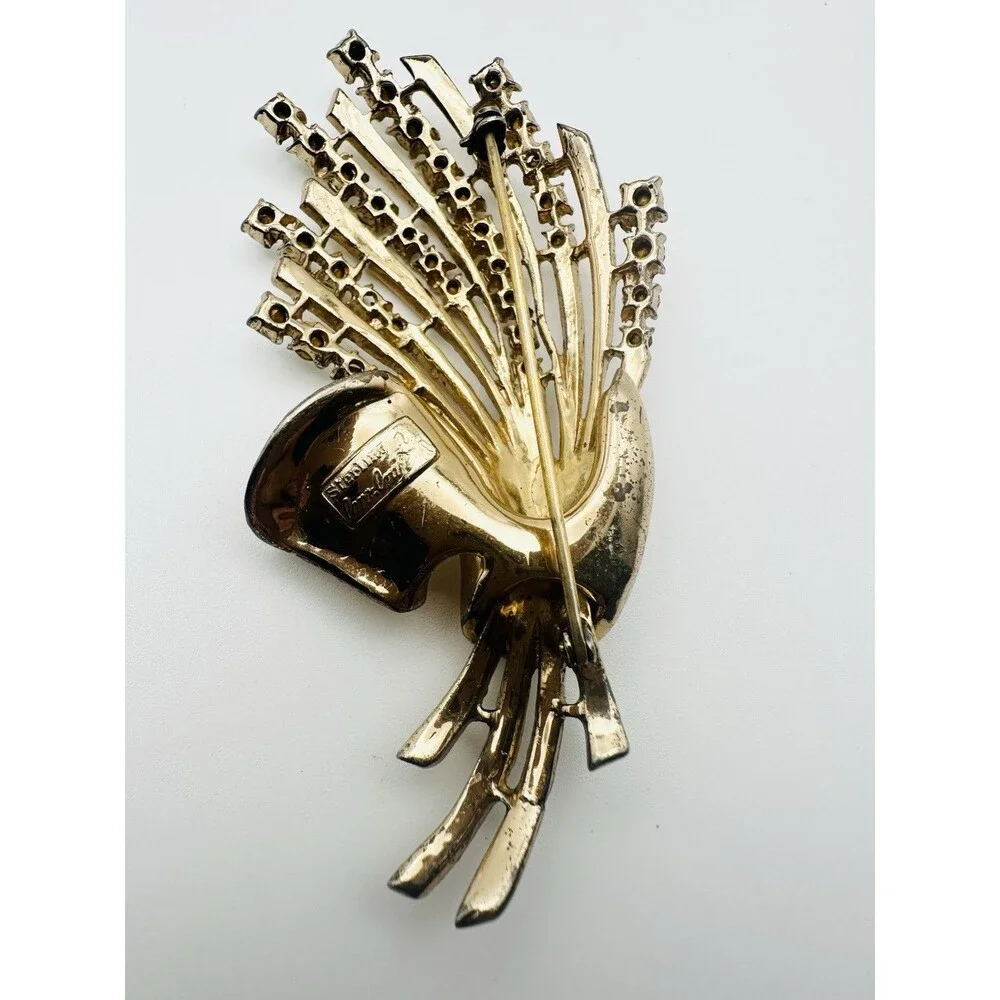 Vintage Coro Craft Sterling Brooch Vermeil Rhinestone Flower Bouquet  READ